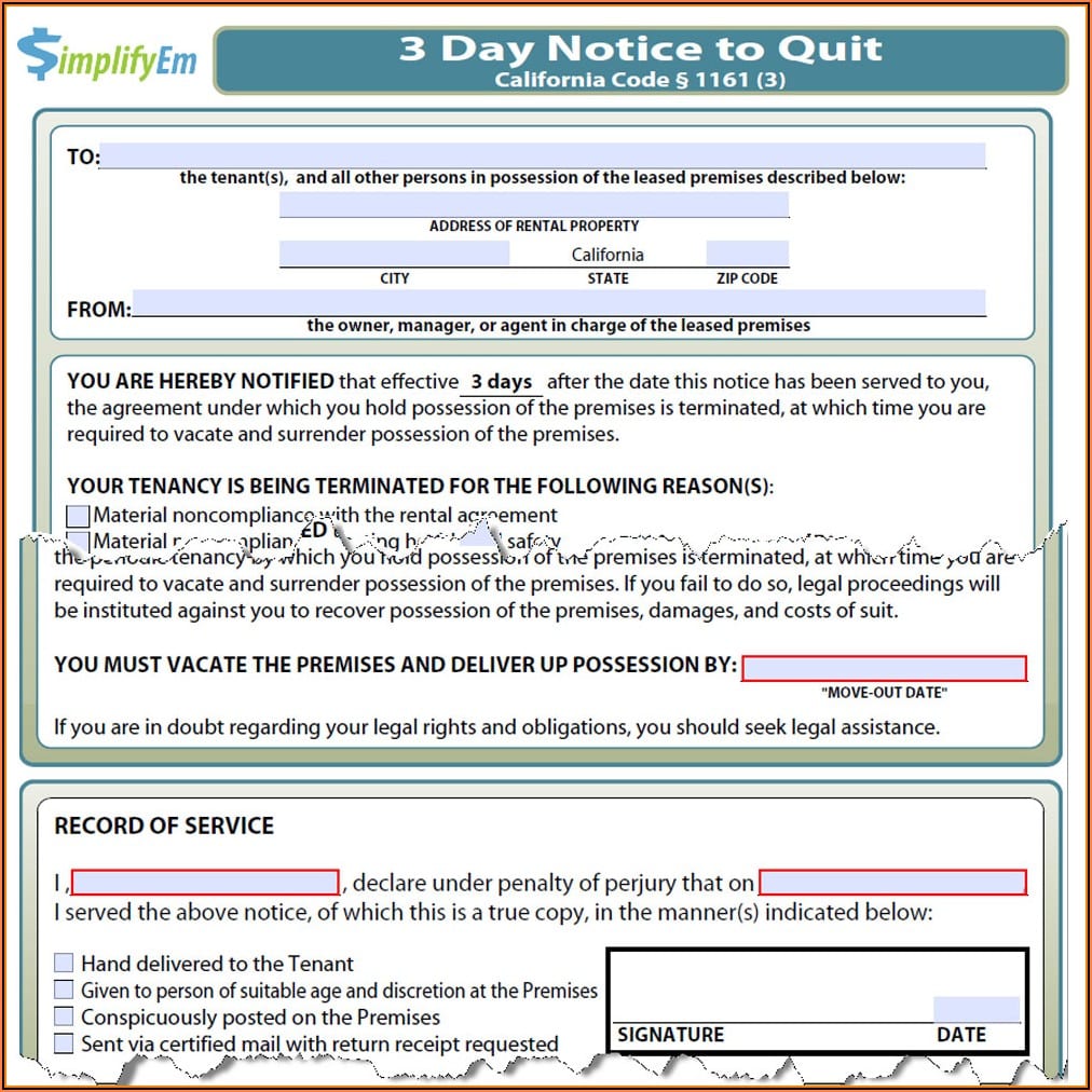 3 Day Notice To Pay Rent Or Quit Form California