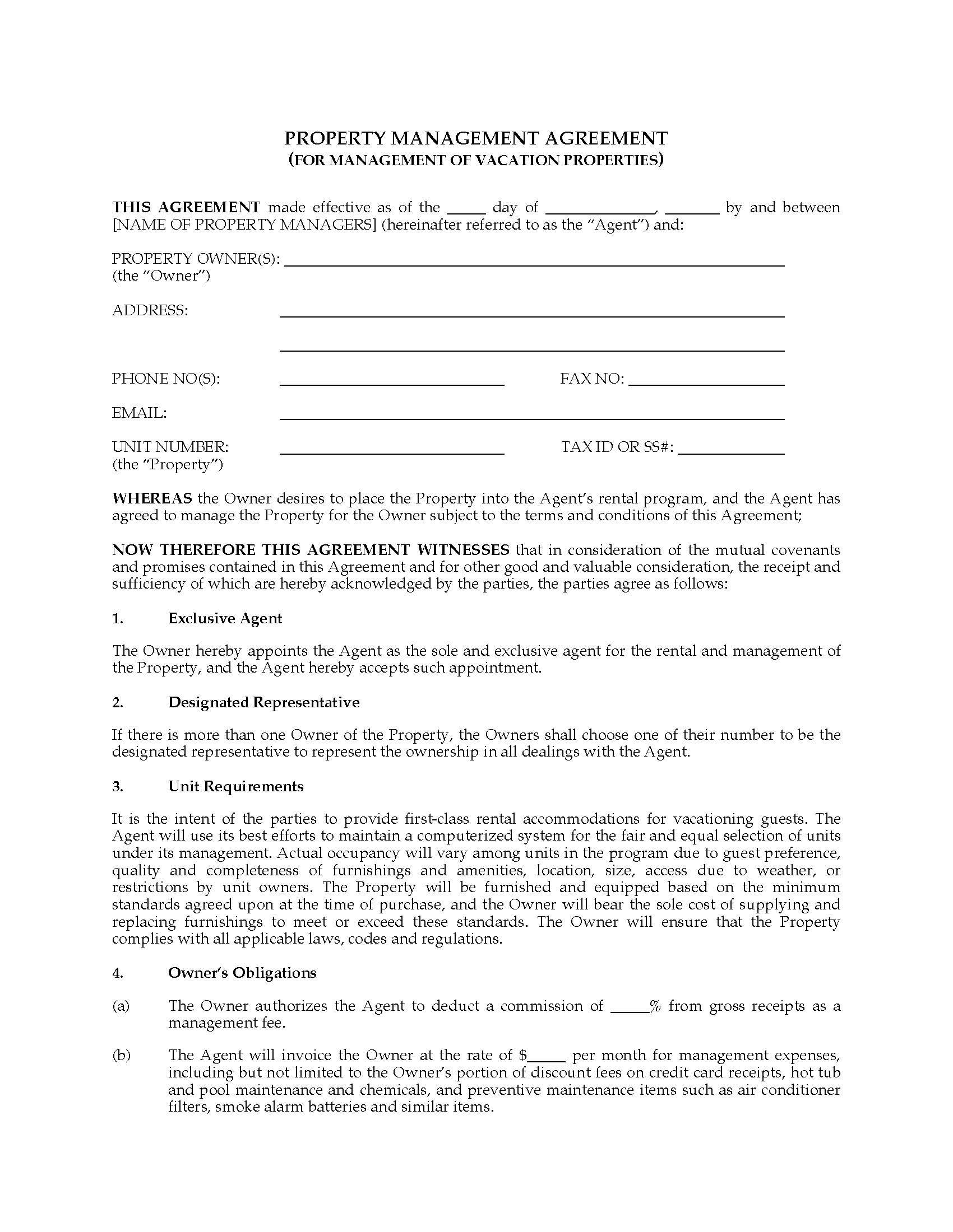 Property Management Agreement for Vacation Properties ...