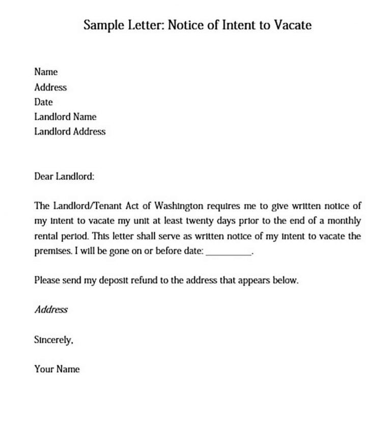 Sample Letter Notice of Intent to Vacate